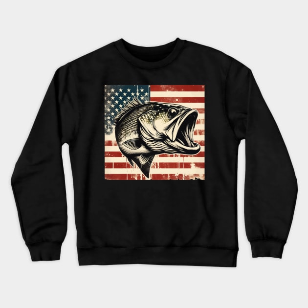 Retro Vintage Bass Fishing on American Flag Crewneck Sweatshirt by TomFrontierArt